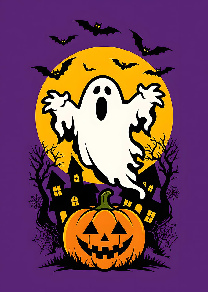 Spooky Halloween Ghost and Pumpkin Illustration