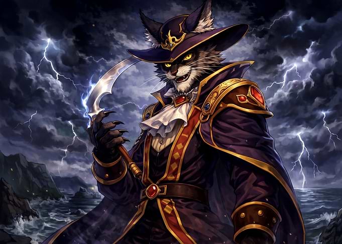 Anthropomorphic Cat Swashbuckler in Storm