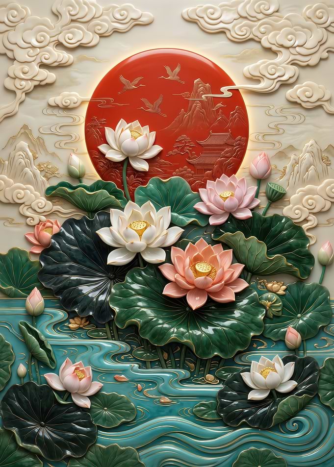 Elegant 3D Lotus Pond Relief Art