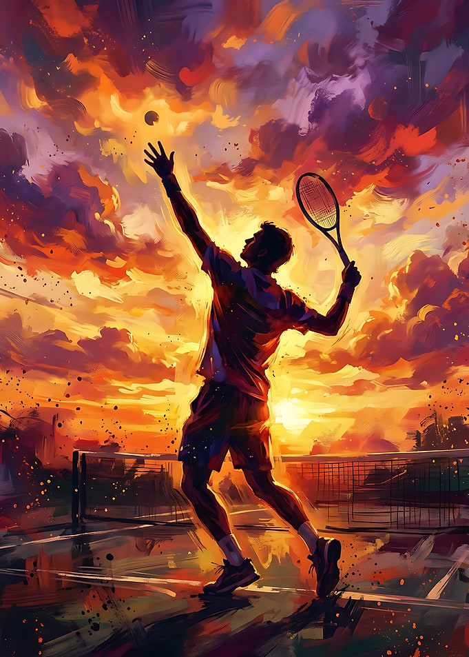 Tennis Player Serving at Sunset