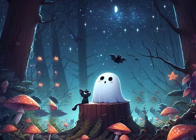 Cute Ghost and Cat in Forest