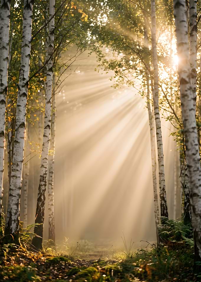 Sunlight Streaming Through Birch Forest