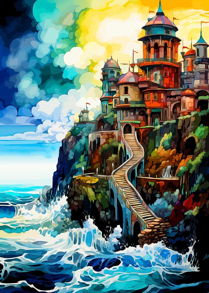 Vibrant Fantasy Castle on Coastal Cliff