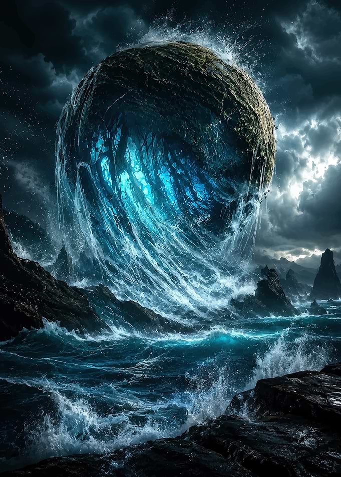 Surreal Oceanic Sphere Over Stormy Sea