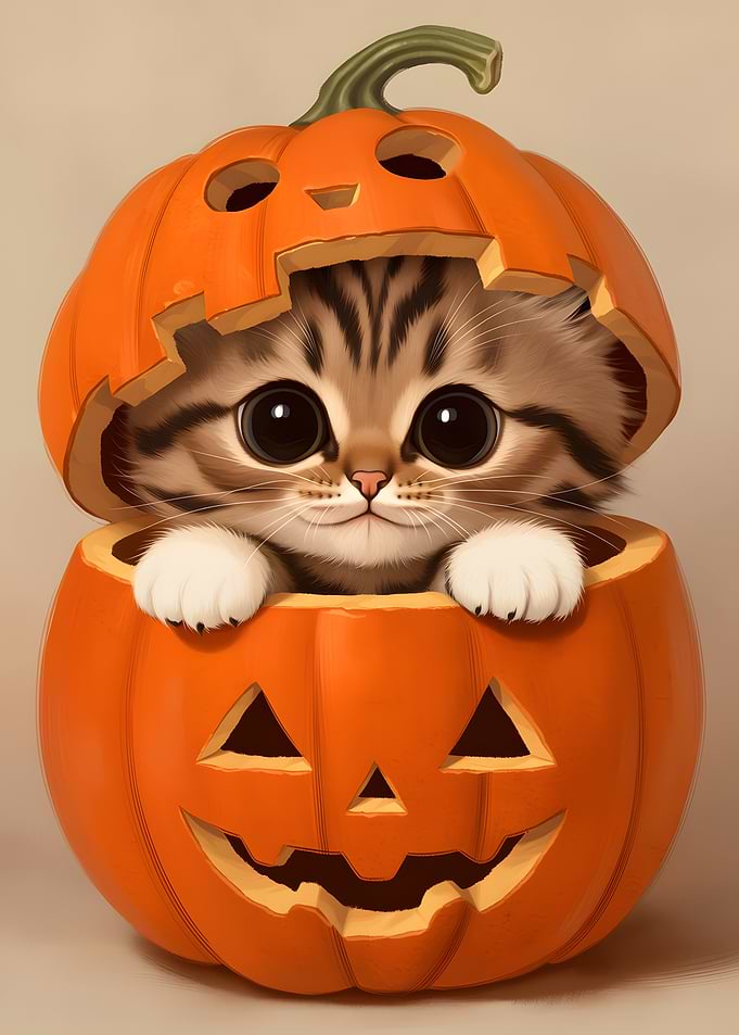 Cute Kitten Inside a Halloween Pumpkin