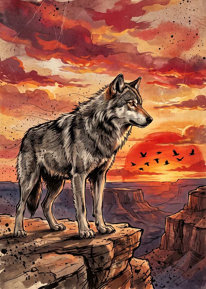 Wolf Standing on Canyon Cliff