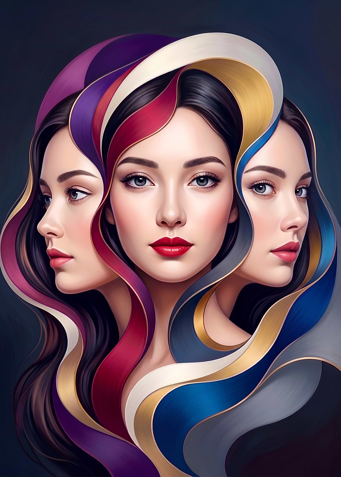 Abstract Triple Portrait with Flowing Ribbons