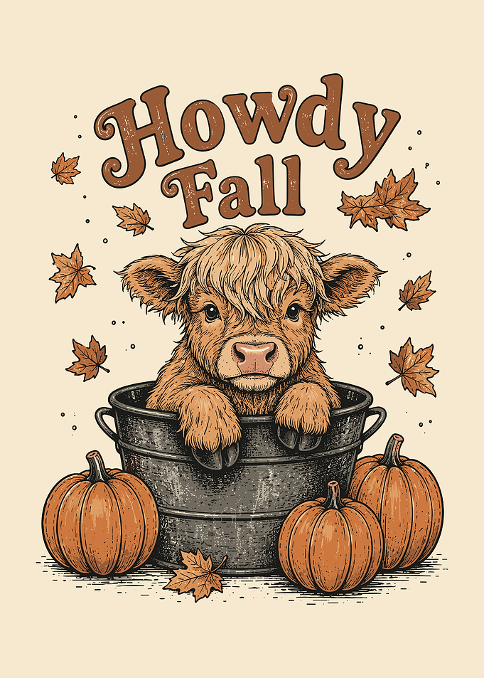 Howdy Fall Highland Cow Wall Art | Rustic Autumn Pumpkin Farmhouse Decor Poster
