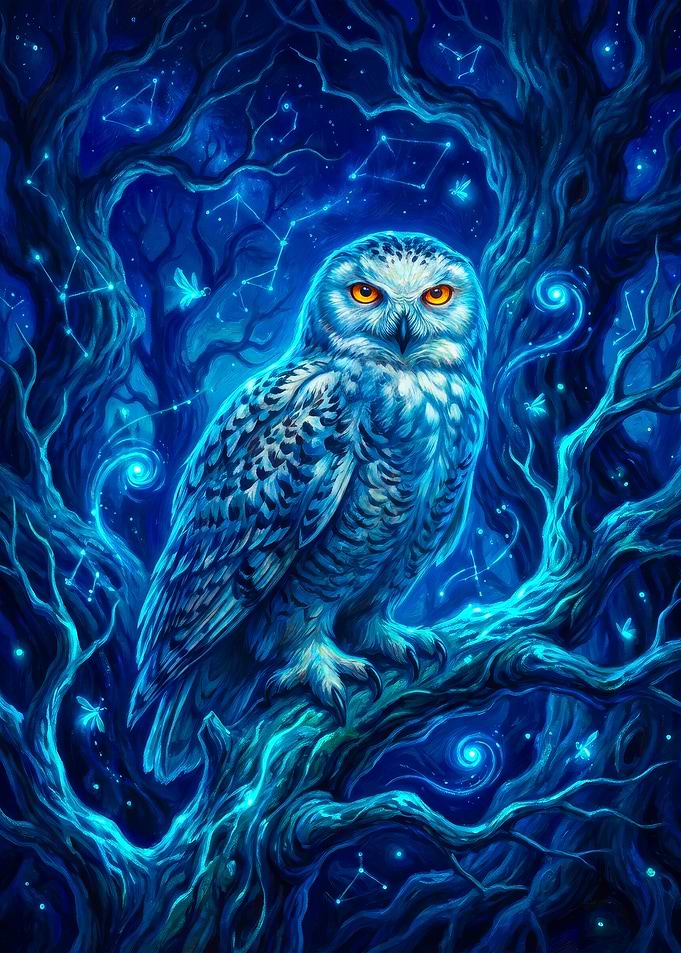 Mystical Snowy Owl in Cosmic Forest