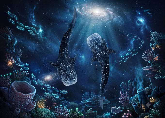 Whale Sharks Swimming in Cosmic Ocean