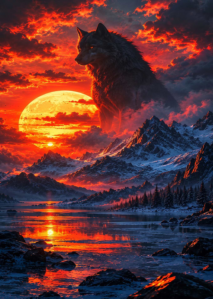 Giant Wolf Over Snowy Mountain Sunset
