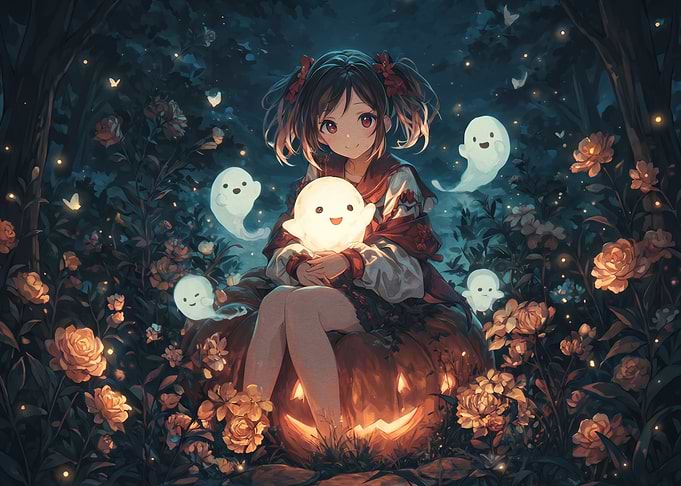 Anime Girl with Glowing Ghosts