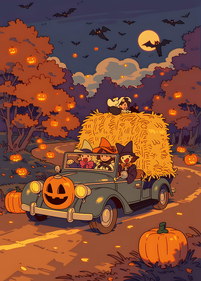 Witches Driving a Pumpkin Truck