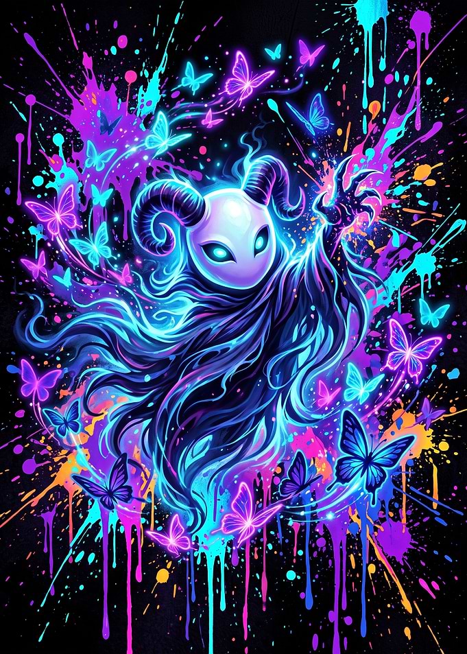 Neon Horned Spirit with Butterflies