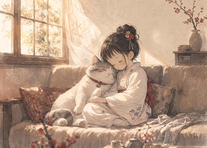 Girl Cuddling Cat in Sunlight