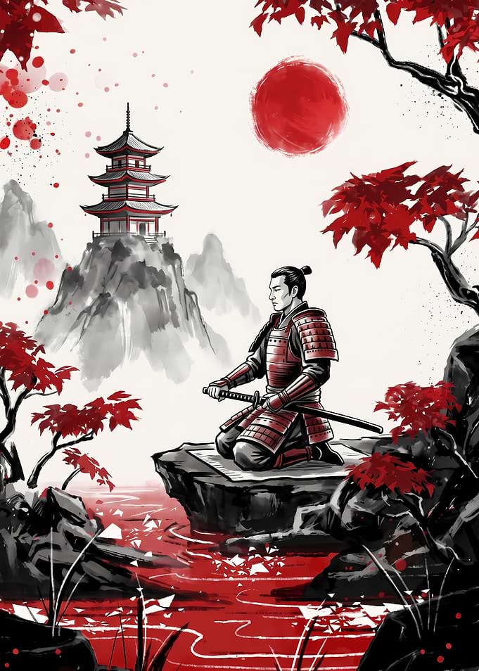 Samurai Kneeling in Red Landscape