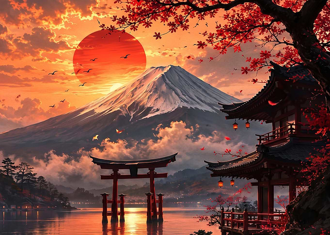 Mount Fuji Sunset with Torii Gate