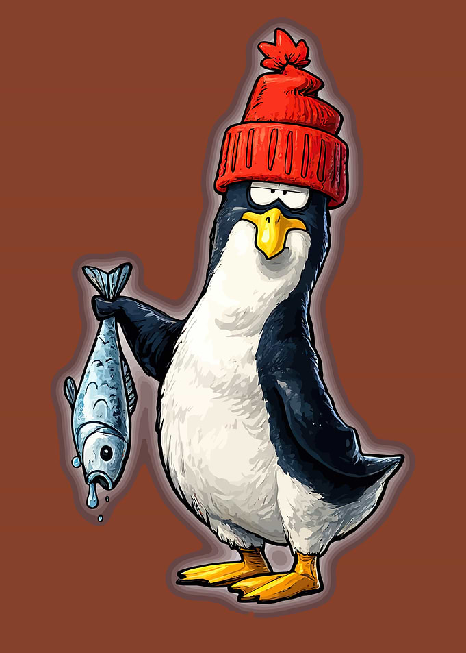 Cartoon Penguin Holding a Fish