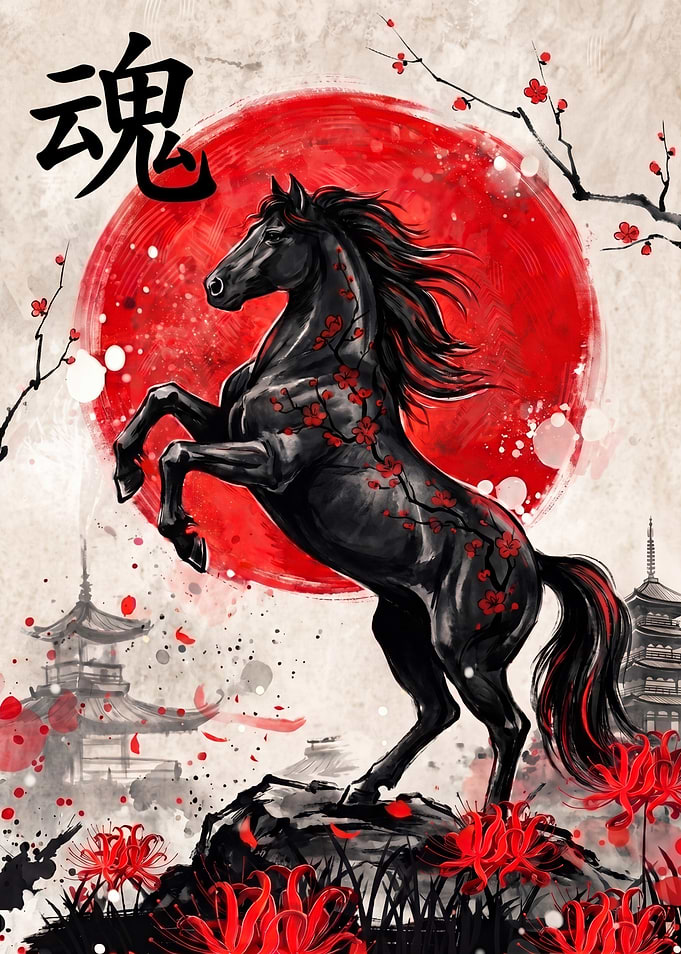 Black Horse with Japanese Floral Motifs