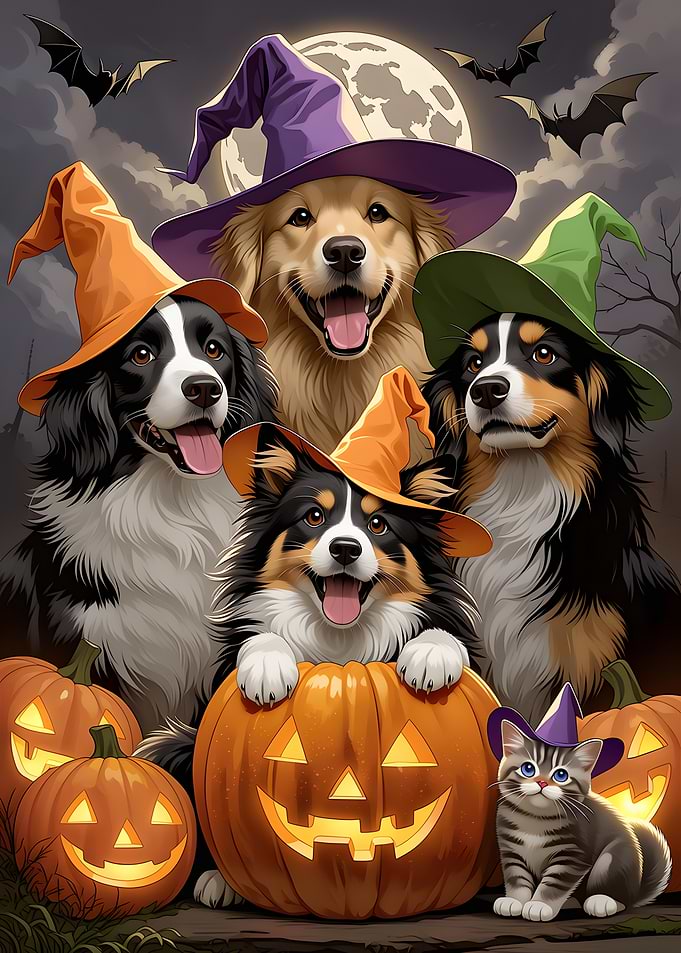 Dogs and Kitten Halloween Celebration