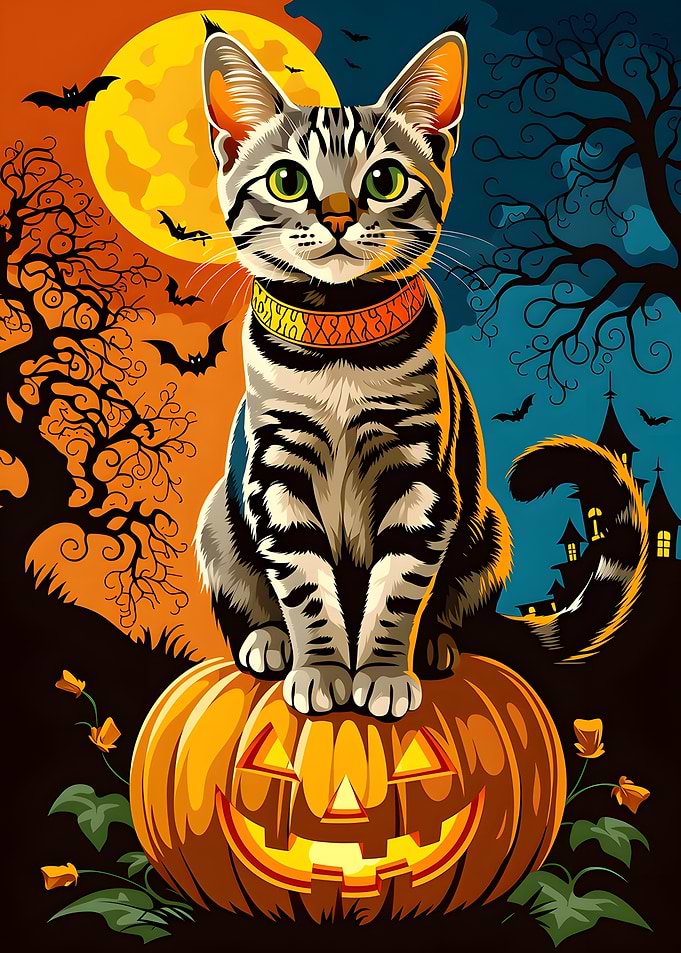 Halloween Cat Sitting on Jack-o'-lantern