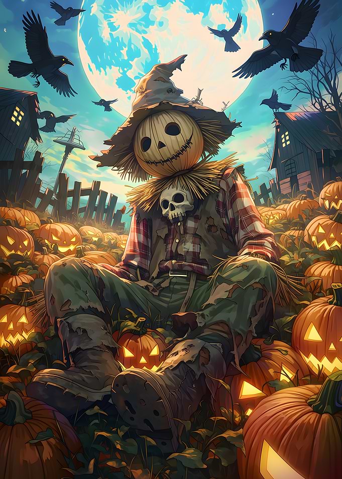Spooky Scarecrow in Pumpkin Patch