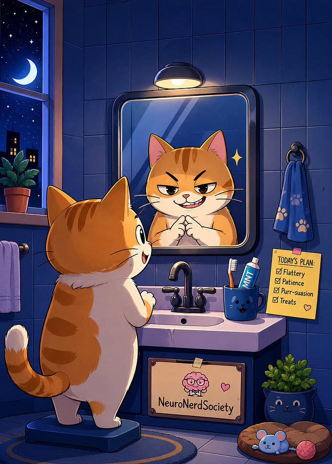 Scheming Cat Planning in Bathroom
