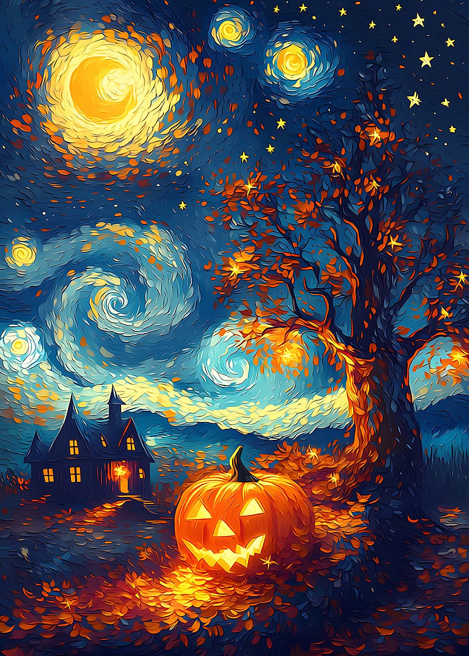 Van Gogh Style Halloween Pumpkin Scene