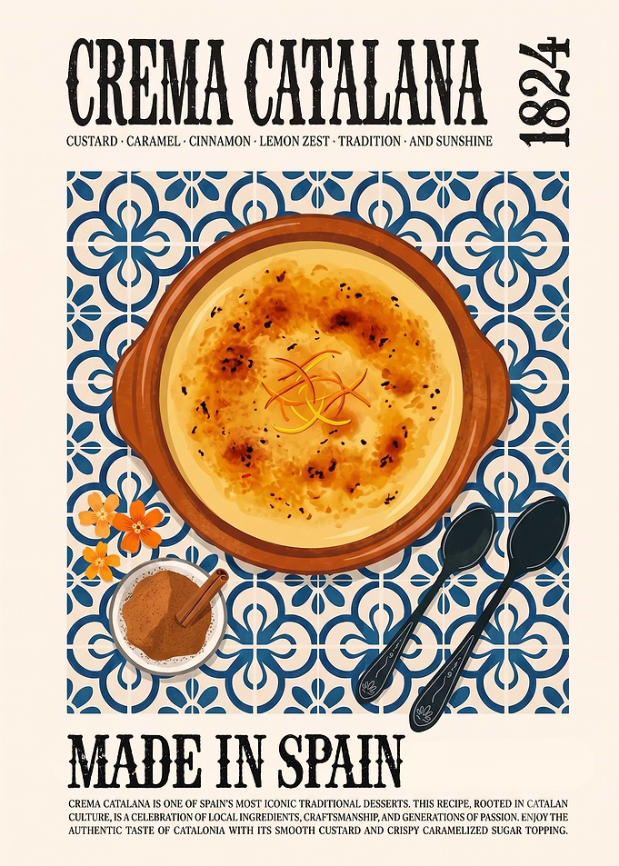 Crema Catalana Vintage Kitchen Poster | Spanish Dessert Wall Art