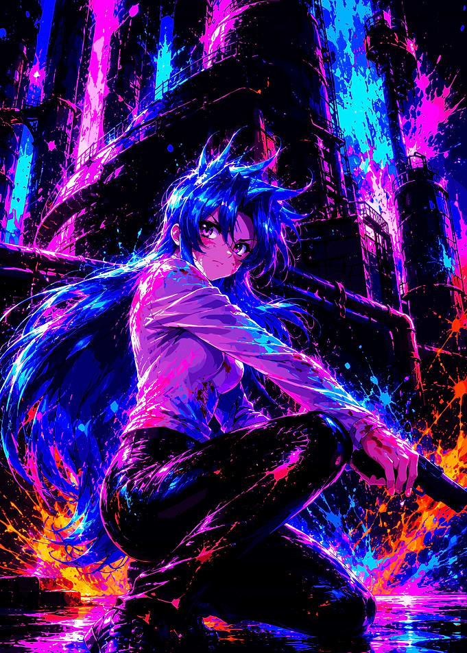 Neon Anime Girl with Gun