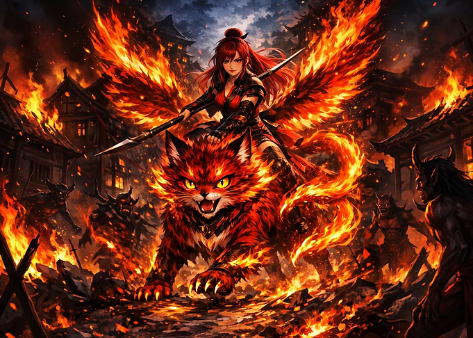 Warrior Riding Flaming Cat Demon
