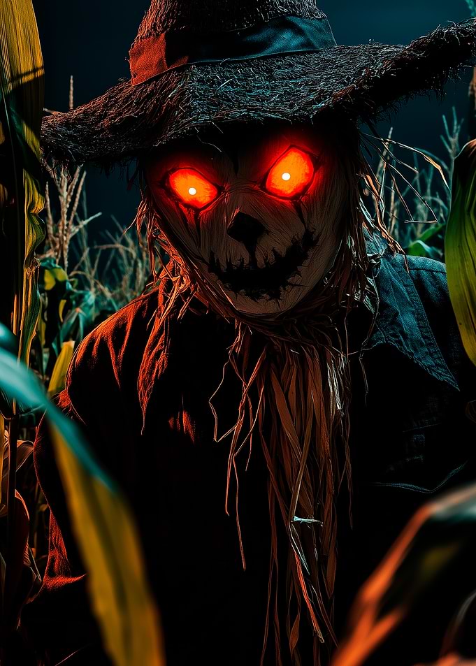 Glowing Eyed Scarecrow in Cornfield