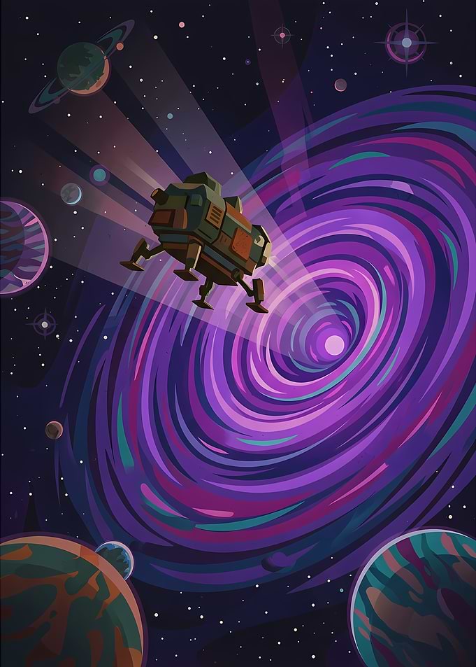 Spaceship Exploring a Purple Nebula