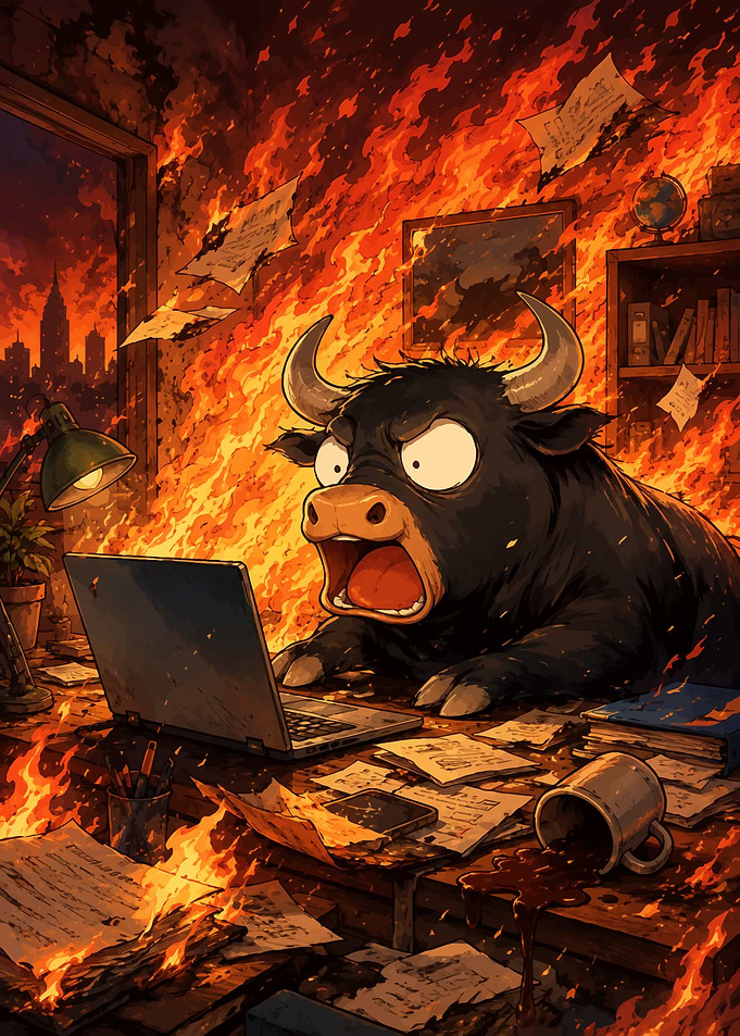 Stressed Bull Working in Burning Office