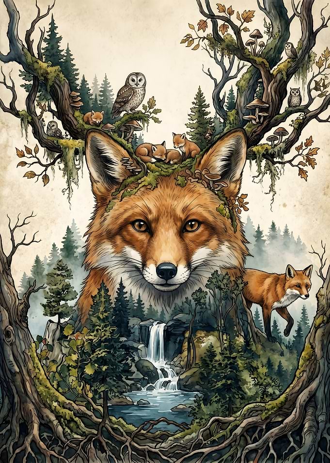 Fox Spirit Forest Double Exposure Art