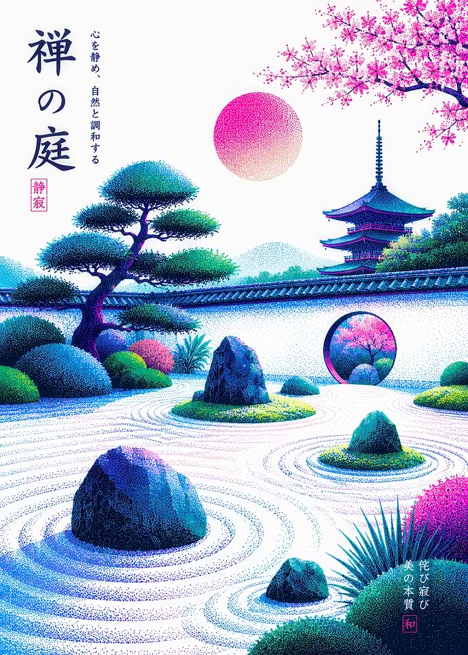 Zen Garden with Pagoda and Sakura