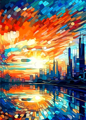 Abstract Cityscape Sunset Reflection