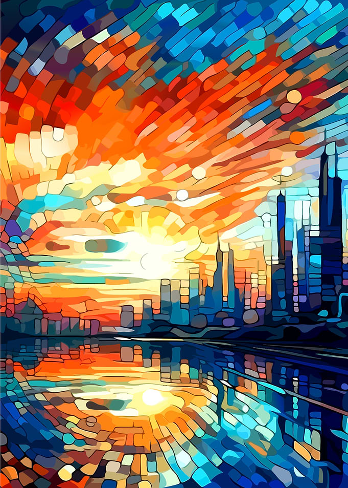 Abstract Cityscape Sunset Reflection