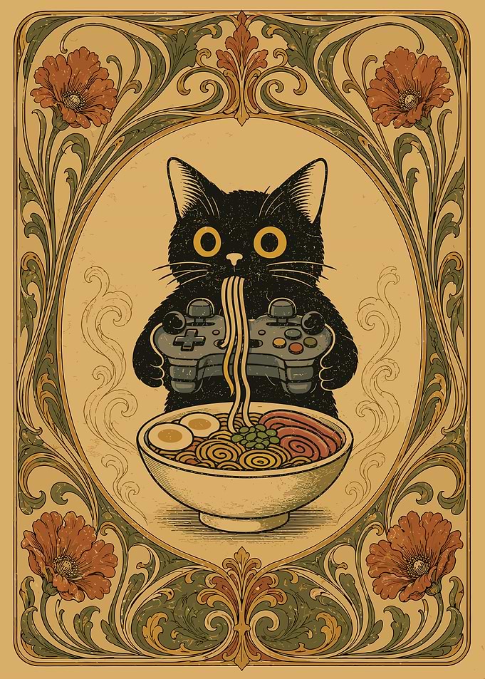 Art Nouveau Gaming Cat Eating Ramen
