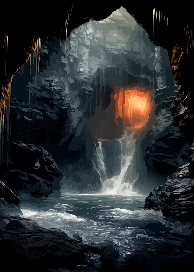 Glowing Waterfall Inside Dark Cave