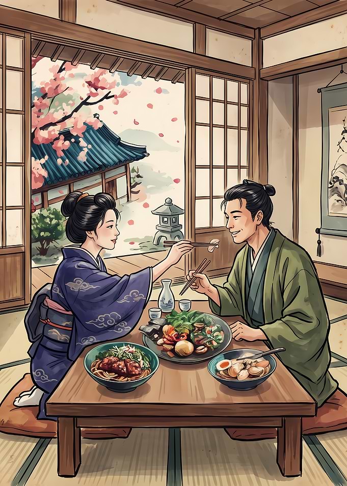 Couple Dining in Traditional Japanese Setting