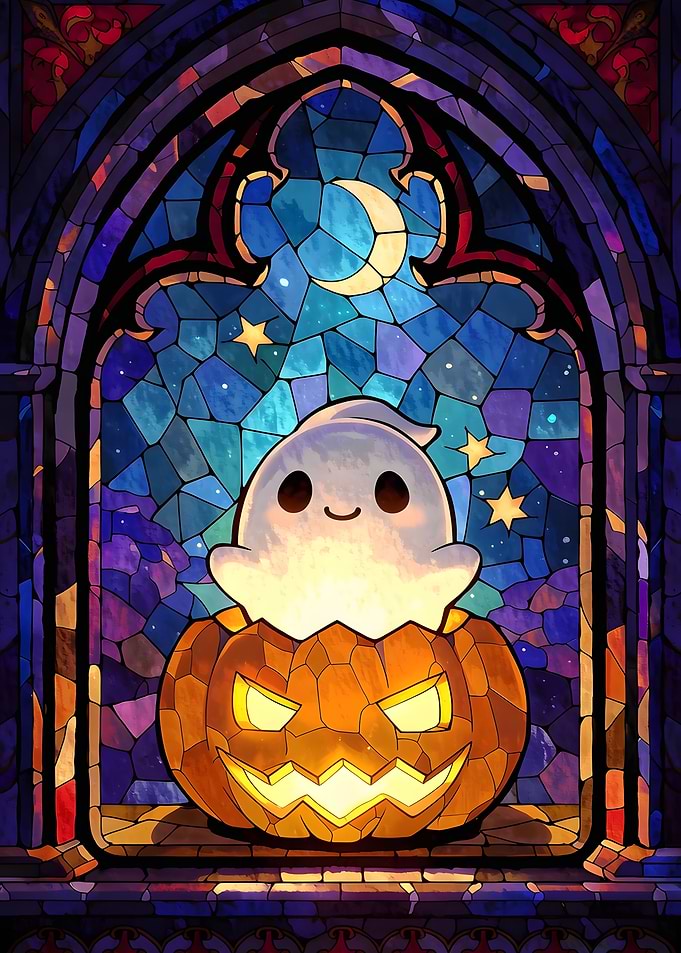 Stained Glass Ghost in Pumpkin