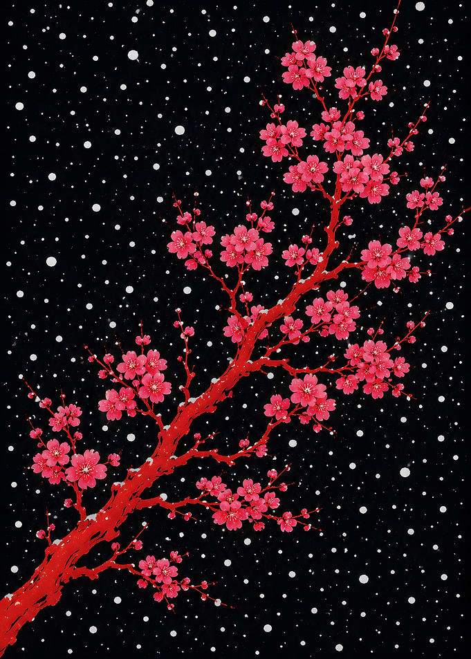 Red Cherry Blossoms in Snow