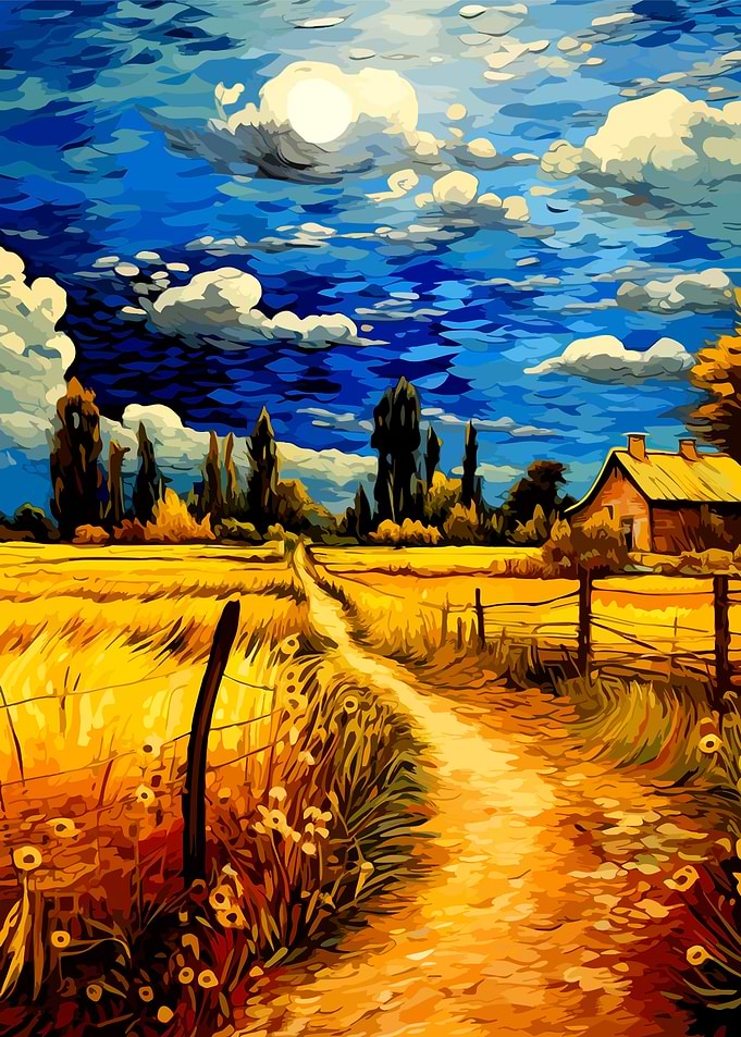 Van Gogh Style Wheat Field Landscape