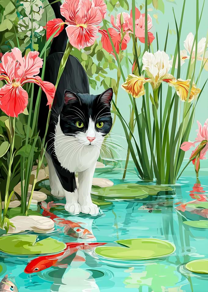 Tuxedo Cat Wading Through Koi Pond