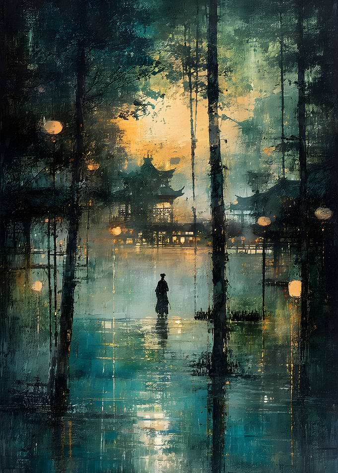 Lone Samurai in Misty Temple Garden