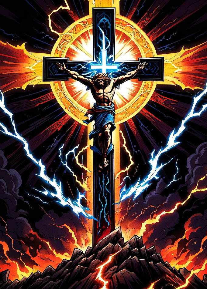 Jesus on Cross with Lightning Storm