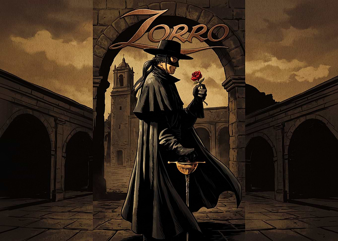 Zorro Standing with Rose and Sword