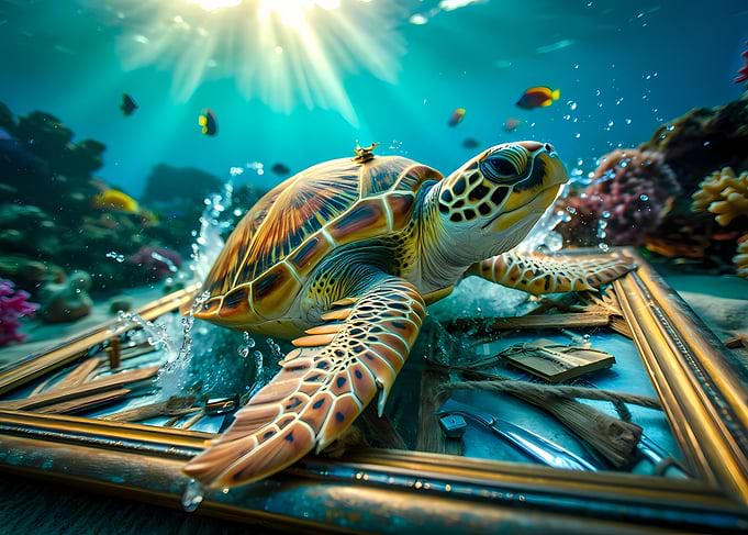 Sea Turtle Emerging From Picture Frame