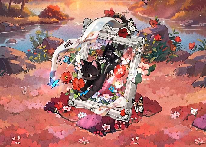 Black Kitten Emerging from Floral Frame